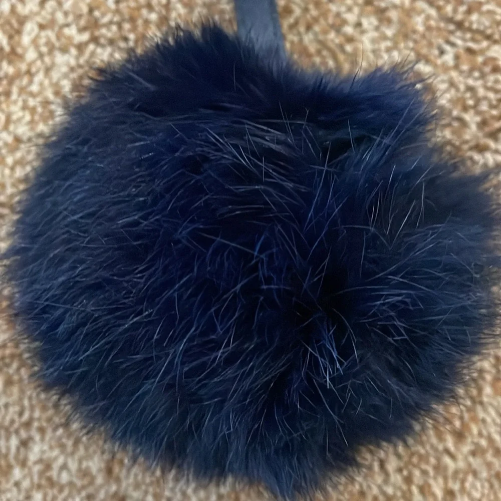 Black furry pom-pom ball keychain, purse accessory or backpack clip